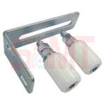 Galvanized steel guide bracket with two white nylon rollers for sliding gate support, photographed in Prestons, New South Wales, Australia