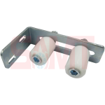 Side view of a galvanized steel angle bracket with double nylon rollers for sliding gate alignment, shown in Prestons, New South Wales, Australia.