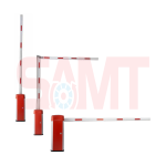 Automatic boom gate barrier system with red and white striped arms, SAMT Garage & Gate Automation, Prestons, New South Wales, Australia.
