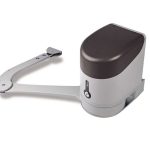 White articulated arm automatic gate opener with black top and metal mounting arm for swing gates in Prestons, New South Wales, Australia