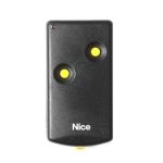 Top view of Nice black two-button remote control transmitter for gate or garage automation, displayed in Prestons, New South Wales, Australia.