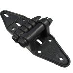 Black metal garage door hinge bracket with tubular roller shaft, used in sectional or tilt garage doors in Prestons, New South Wales, Australia.