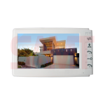 Front view of a white video intercom monitor displaying a modern house, with function buttons on the right side, used for visitor entry in Prestons, New South Wales, Australia