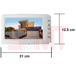 Front view of a video intercom monitor displaying a modern house, with labeled dimensions of 21 cm width and 12.5 cm height, photographed in Prestons, New South Wales, Australia