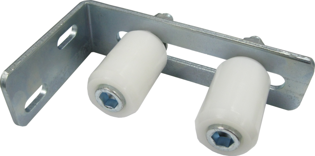 Galvanized steel angle bracket with two white nylon rollers for sliding gate support, photographed in Prestons, New South Wales, Australia.