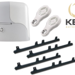 Duplicate image of KEY Automation white gate motor kit with motor, two remote controls, and gear racks for automated gates in Prestons, New South Wales, Australia