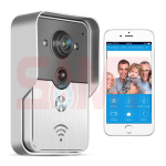 WiFi video doorbell camera shown beside a smartphone displaying the companion app interface with call, unlock, and video options, as used in Prestons, New South Wales, Australia