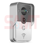 Angled view of a modern stainless steel WiFi video doorbell camera with round lens and button, used for smart entry systems in Prestons, New South Wales, Australia