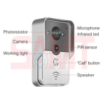 Labeled front view of a video door intercom call station showing camera, microphone, infrared LED, PIR sensor, photoresistor, call button, working light, and speaker, as used for visitor identification in Prestons, New South Wales, Australia