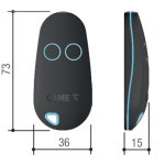 Black CAME gate automation remote control with two blue ringed buttons and technical dimensions, photographed in Prestons, New South Wales, Australia