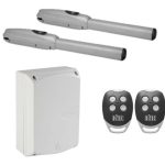 Ditec articulated arm gate opener kit with two motor units, control box, and two remote control transmitters for automated gates in Prestons, New South Wales, Australia