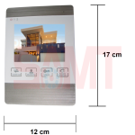 Front view of a video intercom monitor with a house displayed on the screen, labeled dimensions of 17 cm height and 12 cm width, photographed in Prestons, New South Wales, Australia.
