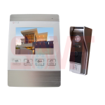 Video intercom system set showing a wall-mounted monitor with house image on display and an outdoor door station camera, designed for visitor entry in Prestons, New South Wales, Australia