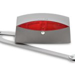 Life brand articulated arm gate opener with red lens and locking mechanism, suitable for use in Prestons, New South Wales, Australia