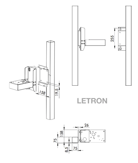 Gliderol garage door mounting bracket side and top technical views, LETRON, in Prestons, New South Wales, Australia.