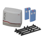 LIFE sliding gate motor kit with rack gears and two remotes, isolated, in Prestons, New South Wales, Australia.