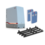 LIFE sliding gate motor kit with rack gears and two remotes, isolated, in Prestons, New South Wales, Australia.