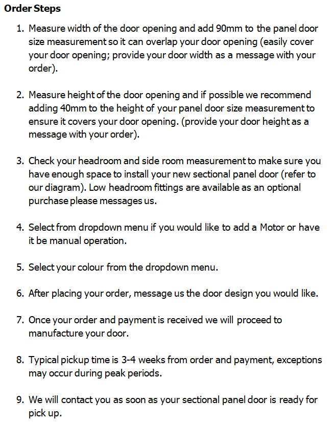 Sectional garage door order steps, instruction sheet, in Prestons, New South Wales, Australia.
