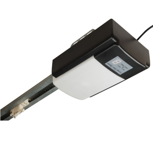 Automatic garage door opener motor, angled view, on rail in Prestons, New South Wales, Australia.