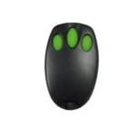 Black garage remote control with three green buttons, isolated, in Prestons, New South Wales, Australia.