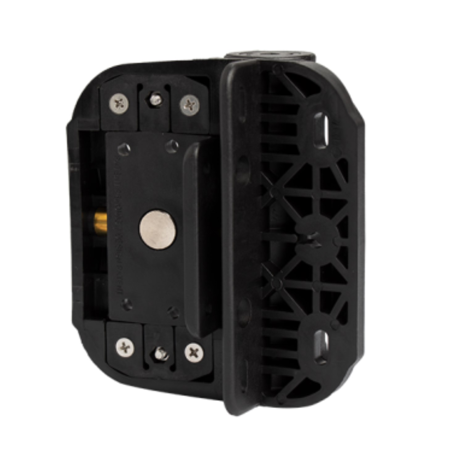 Side-angle product photo showing the assembled black polymer self-closing hinge with visible screw fittings and reinforced structure, designed for high durability in outdoor gate or door automation systems. By SAMT Garage & Gate Automation in Prestons, New South Wales, Australia.