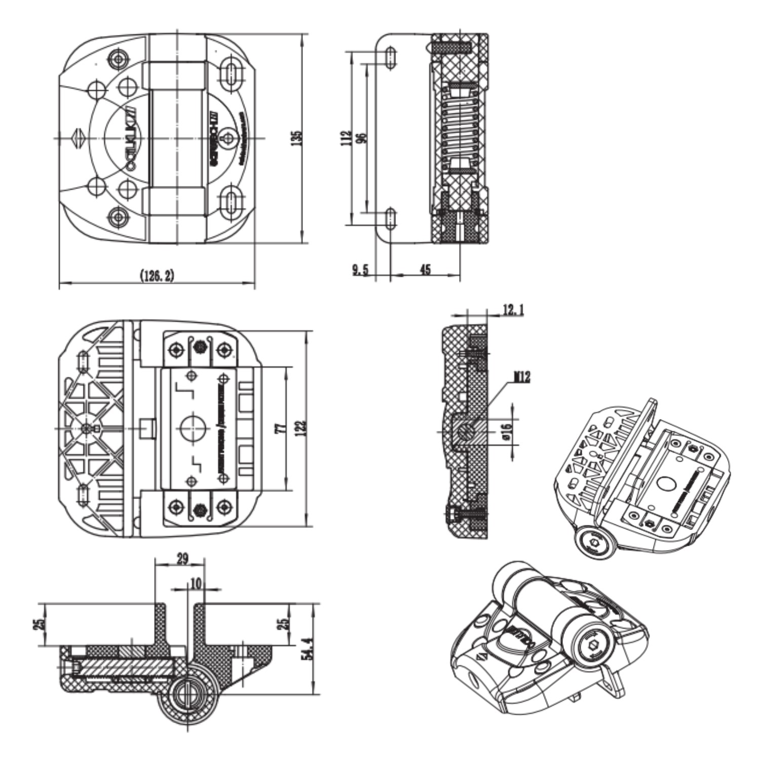 Multi-view technical drawing of a robust self-closing gate hinge, illustrating critical measurements, assembly details, and cross-sections for precise installation. Ideal for engineers and installers working with automated or self-closing gates.By SAMT Garage & Gate Automation in Prestons, New South Wales, Australia.