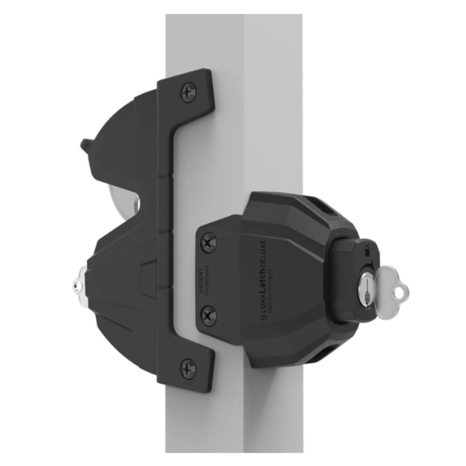 Side view of black gate lock and latch mechanism with key inserted, used for gate security in Prestons, New South Wales, Australia