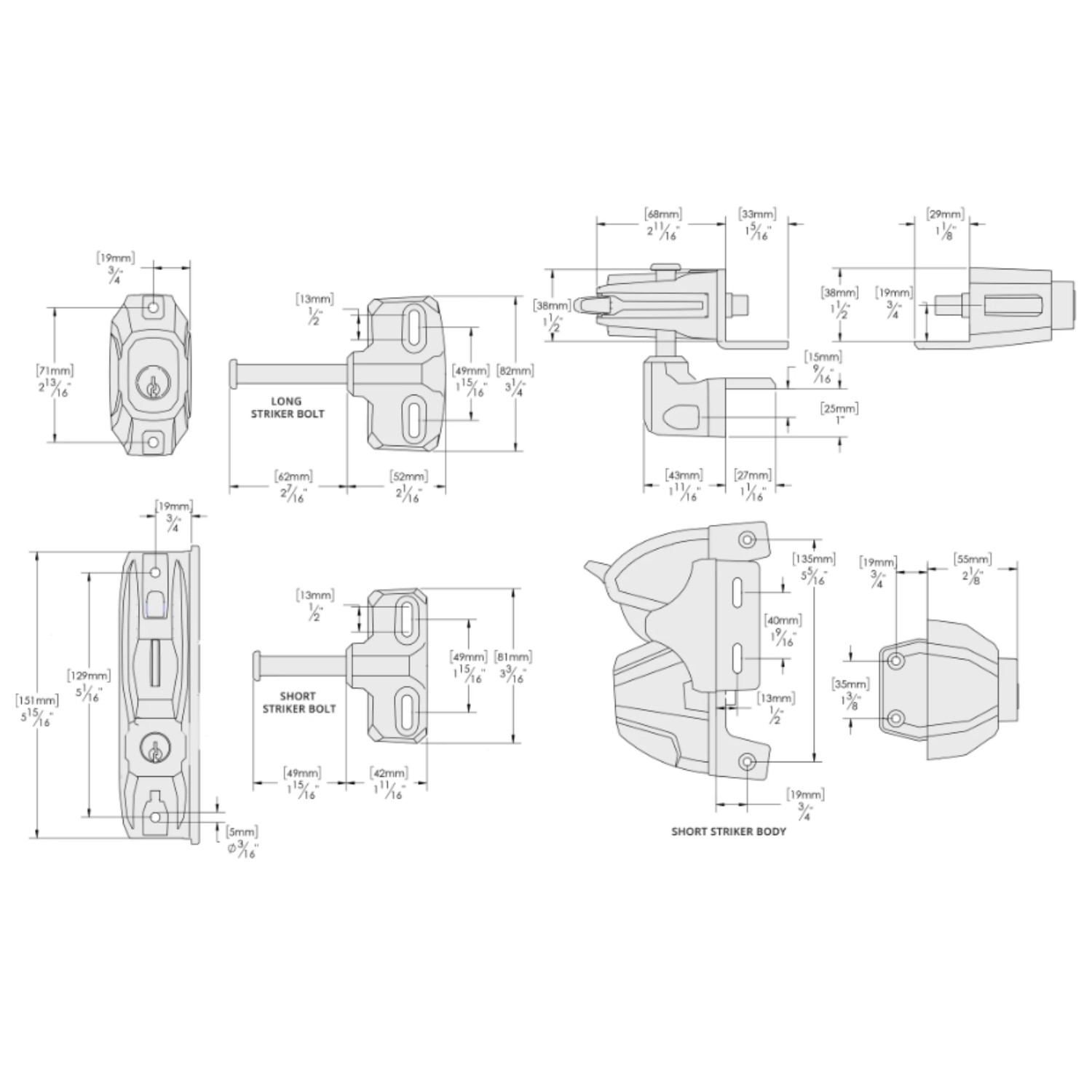 Technical dimension drawing for a gate lock mechanism and its components, shown in Prestons, New South Wales, Australia