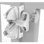 White gate lock mechanism with key and handle, installed on a metal gate in Prestons, New South Wales, Australia.