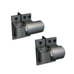 Pair of hydraulic gate hinges, silver metal, for double gates in Prestons, New South Wales, Australia.