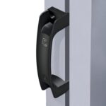 "Black gate handle mounted on a metal post, used for secure entry in Prestons, New South Wales, Australia.