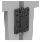 Black D&D Technologies KWIKFit hinge installed between two white gate panels, used for gate installation in Prestons, New South Wales, Australia.