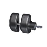 Isolated black gate lock with key, designed for metal gates in Prestons, New South Wales, Australia