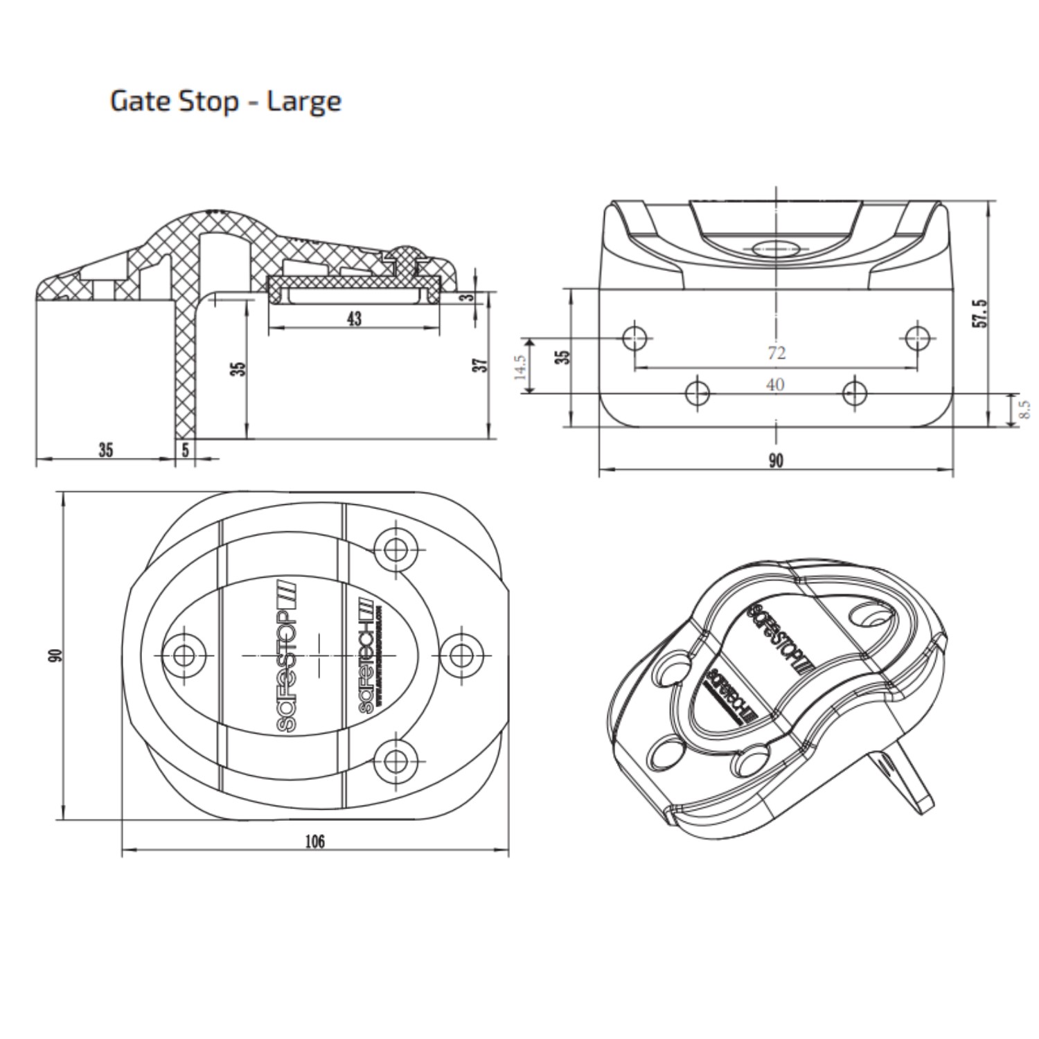 Large Gate Stop – Technical Drawing Detailed engineering drawing for a heavy-duty large gate stop, showing all dimensions, screw fitting positions, and sectional views. Designed to ensure proper stopping and positioning of large gates in automation or security systems By SAMT Garage & Gate Automation in Prestons, New South Wales, Australia.