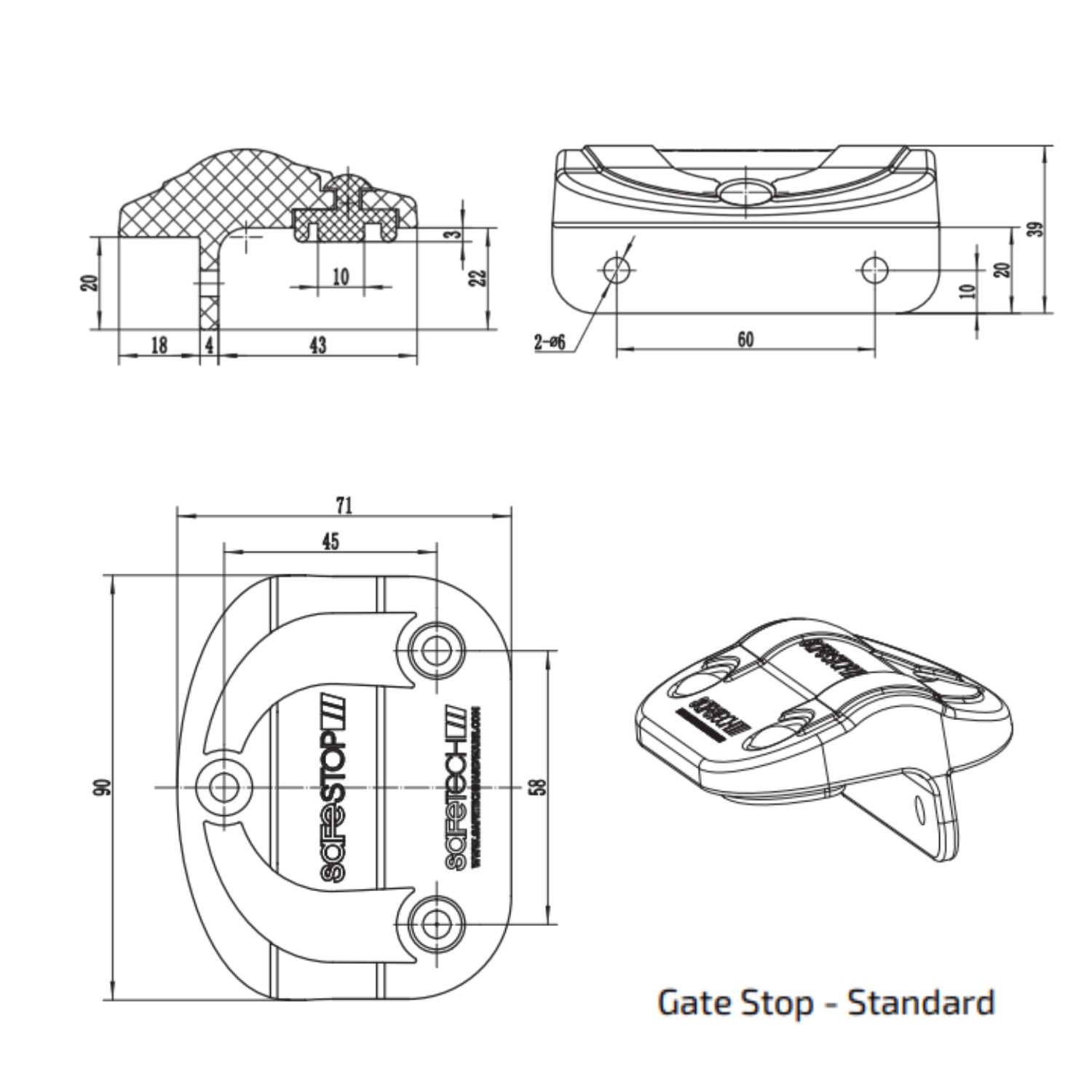 Standard Gate Stop – Technical Drawing Technical diagram for a standard-size gate stop with precise measurements and multiple view angles. Ideal for installers and engineers specifying or fitting gate stops for residential or commercial swing gates By SAMT Garage & Gate Automation in Prestons, New South Wales, Australia.