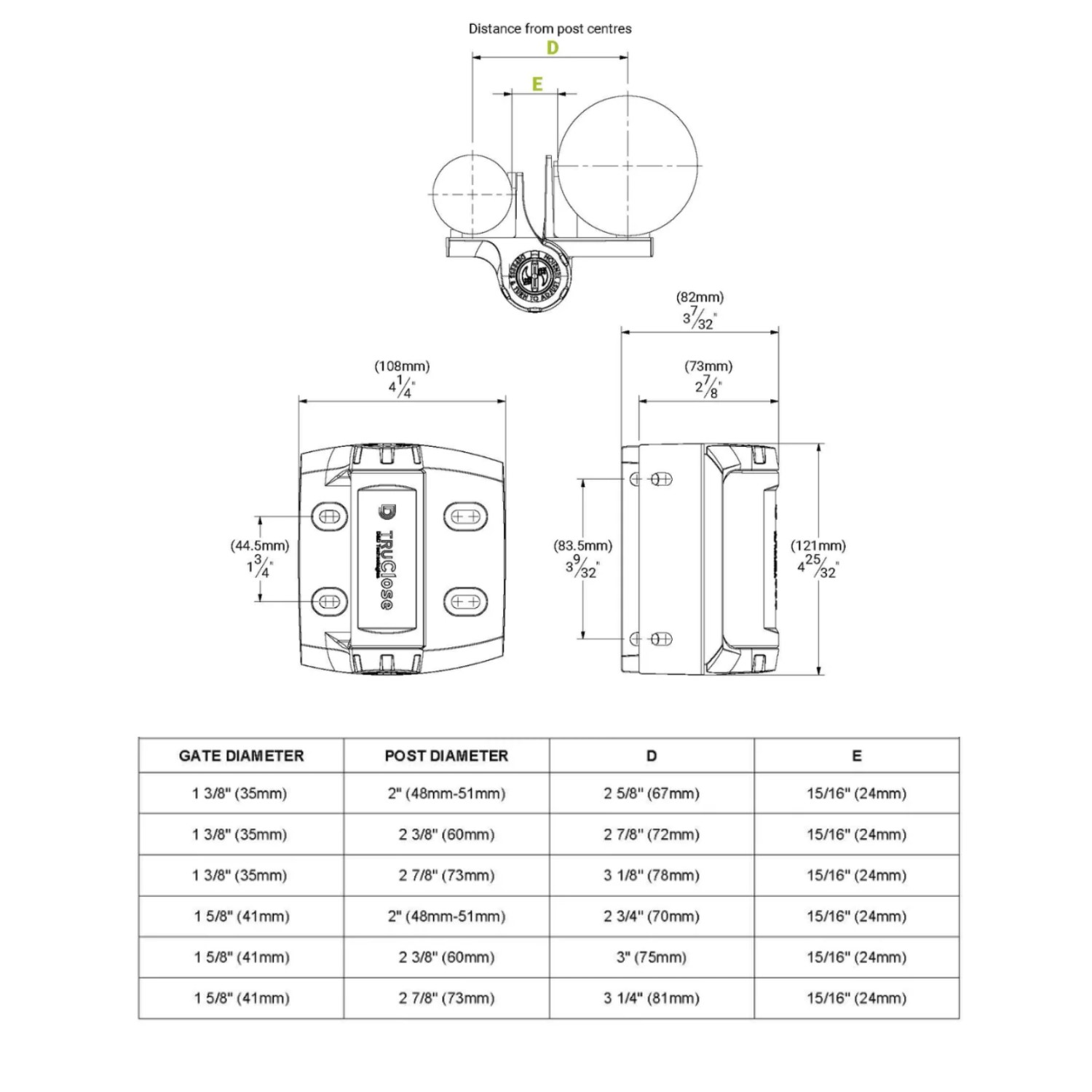 TruClose Series 3 heavy-duty gate hinge, technical drawing, dimensioned front view in Prestons, New South Wales, Australia.