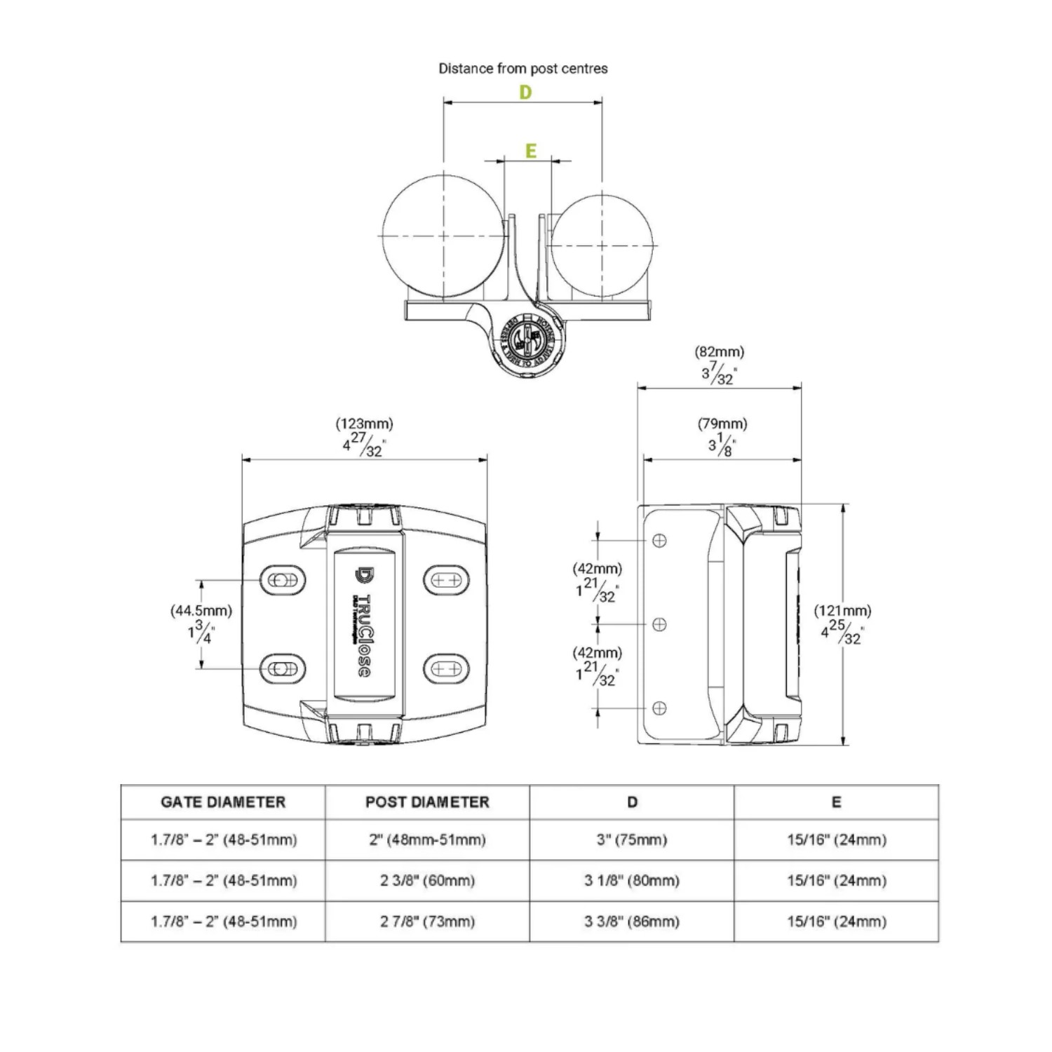 TruClose Series 3 heavy-duty gate hinge, technical drawing, detailed view in Prestons, New South Wales, Australia.