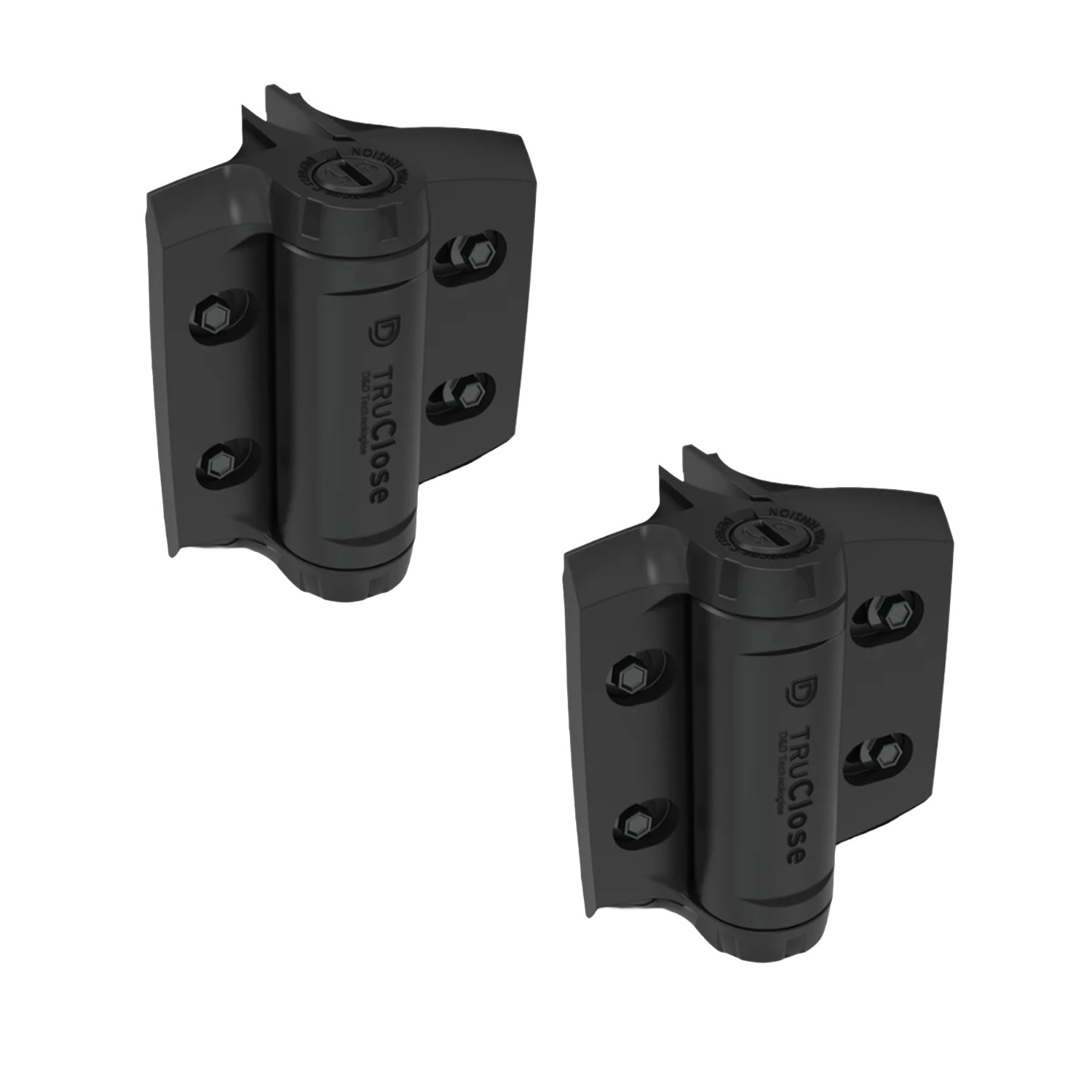 Pair of black TruClose self-closing gate hinges, angled view, in Prestons, New South Wales, Australia.
