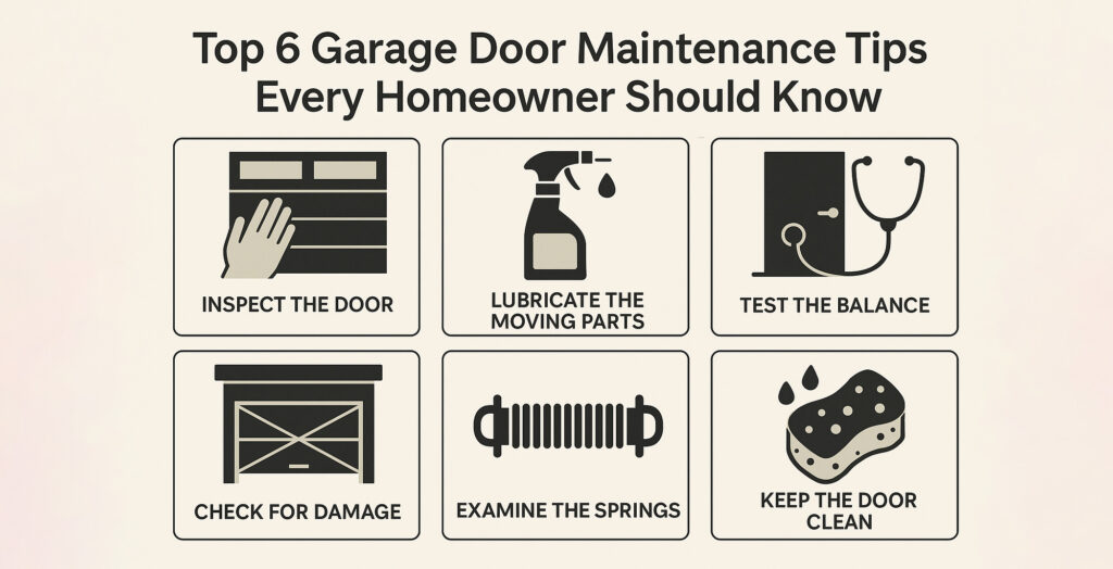 Infographic with top 6 garage door maintenance tips, highlighting automatic garage door opener care in Prestons, New South Wales, Australia by SAMT Garage & Gate Automation.