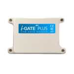 White, weatherproof GSM gate opener unit (i-GATE PLUS) enabling remote gate access via mobile phone or app, compliant with CE and FCC standards (IP67 rated). Manufactured by AES, supplied and installed by SAMT Garage & Gate Automation in Prestons, New South Wales, Australia.