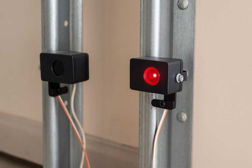 Pair of infrared safety beam sensors with visible red light, mounted on metal posts for garage door automation, operating in Prestons, New South Wales, Australia."