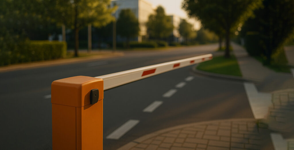 Automatic traffic barrier gate blocking a driveway entrance on a quiet street in Prestons, New South Wales, Australia