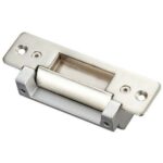 Stainless steel electric door strike component for garage roller door systems at SAMT Garage & Gate Automation in Prestons, New South Wales, Australia.